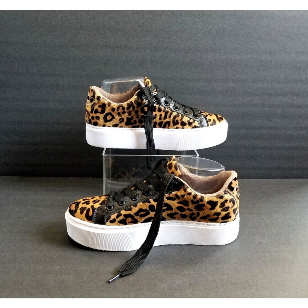NATALY MENDEZ Brown Leopard Sneakers Sz 37 7 Lace Up Leather Calf Hair - Picture 8 of 15
